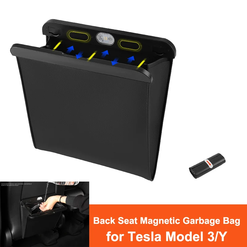 

For Tesla Model 3/Y 2024 2023 Garbage Bag Leak-proof Magnetic Dustbin Back Seat Hanging Trash Can With LED Light Car Accessories