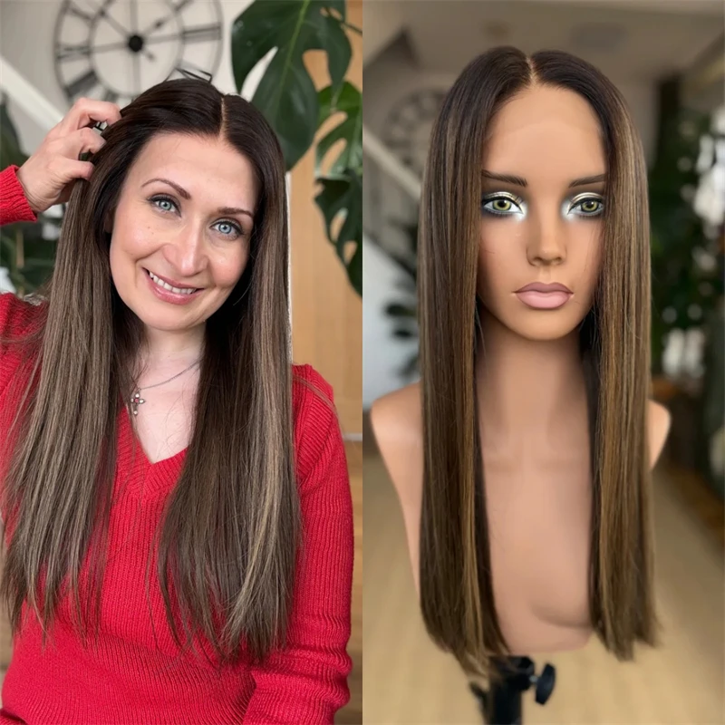 Soft Long Straight Wig Ombre Brown with Blonde Streaks Synthetic HD Lace Front Wig for White Black Women Small Large Size Cap