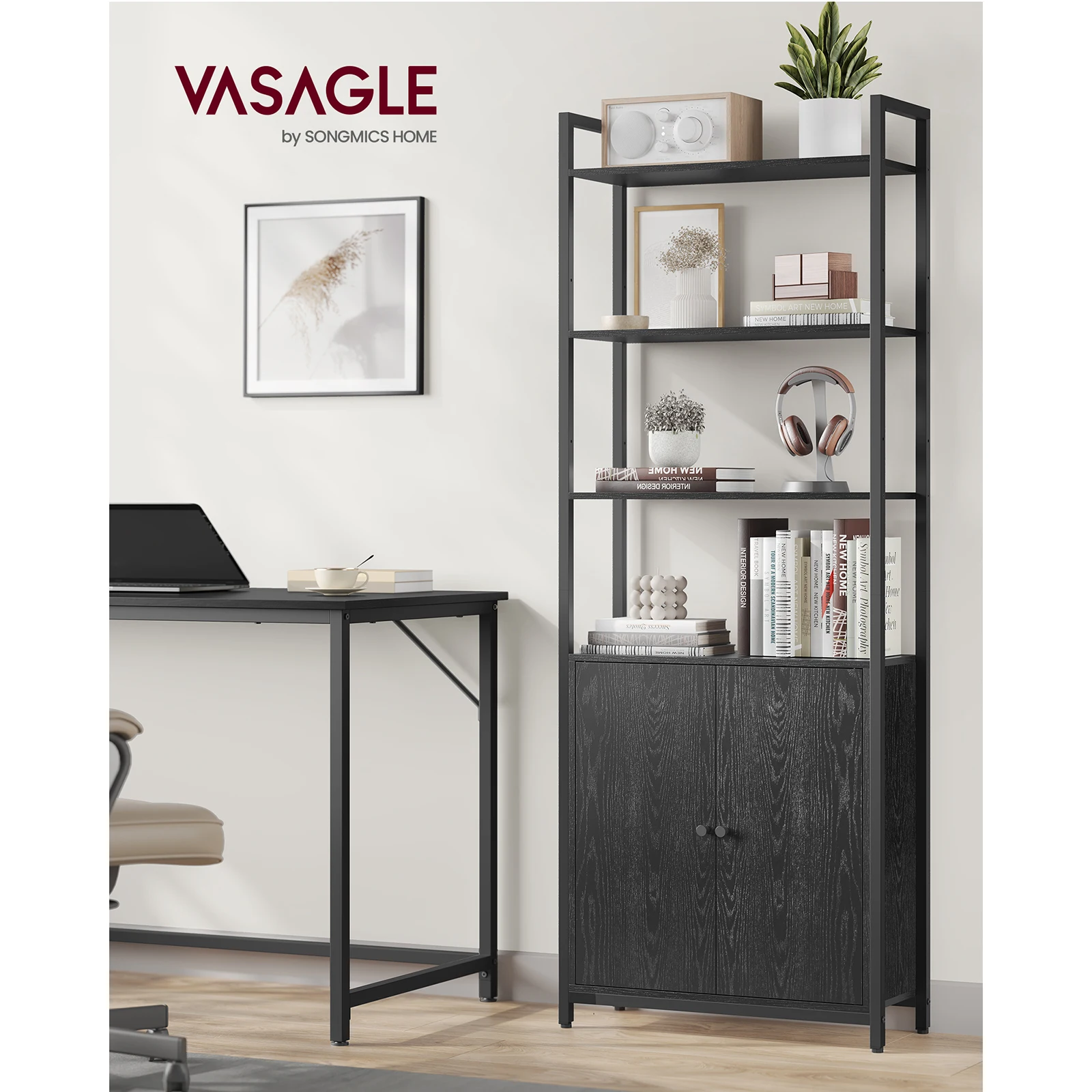 VASAGLE 6-Tier Tall Bookcase with Door. Metal Frame. Adjustable Shelves. 24 x 60 x 159.5 cm. Living Room, Bedroom.