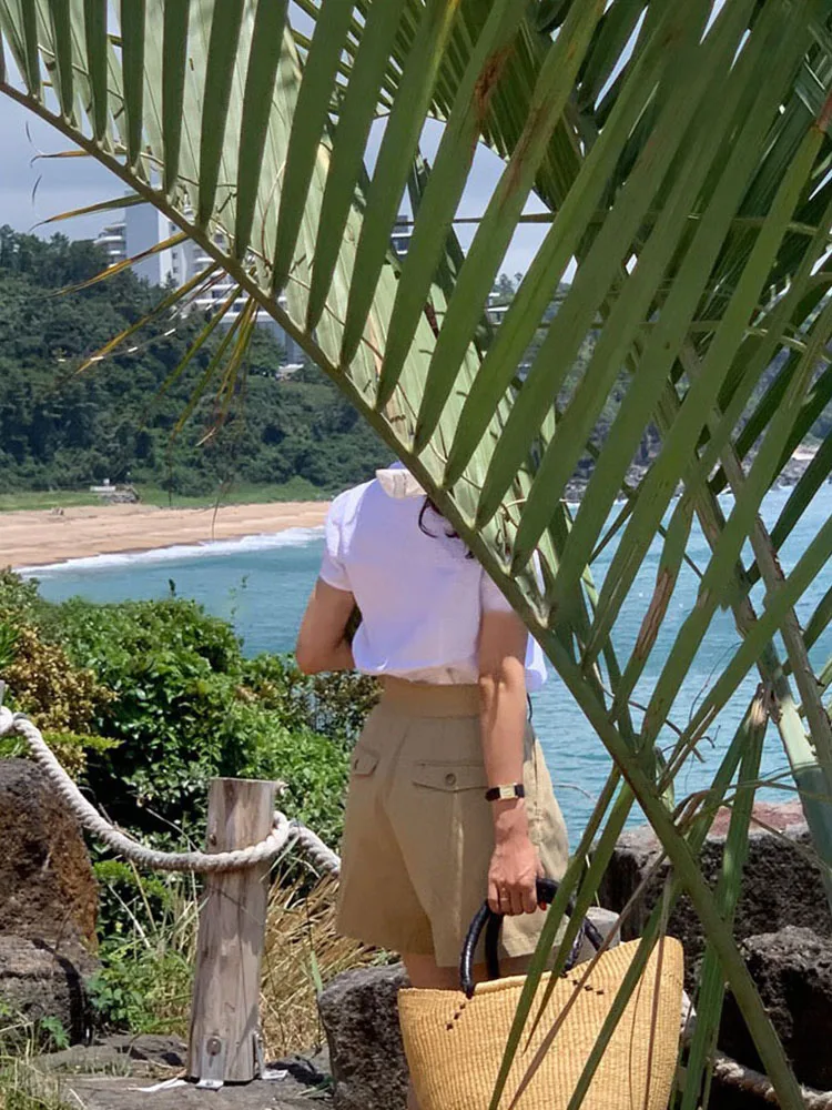 Casual katoenen orts Uitlopende broek met hoge taille voor dames Asymmetrisch ontwerp Lente Zomer Faion Elements Tweekleurige vakanties