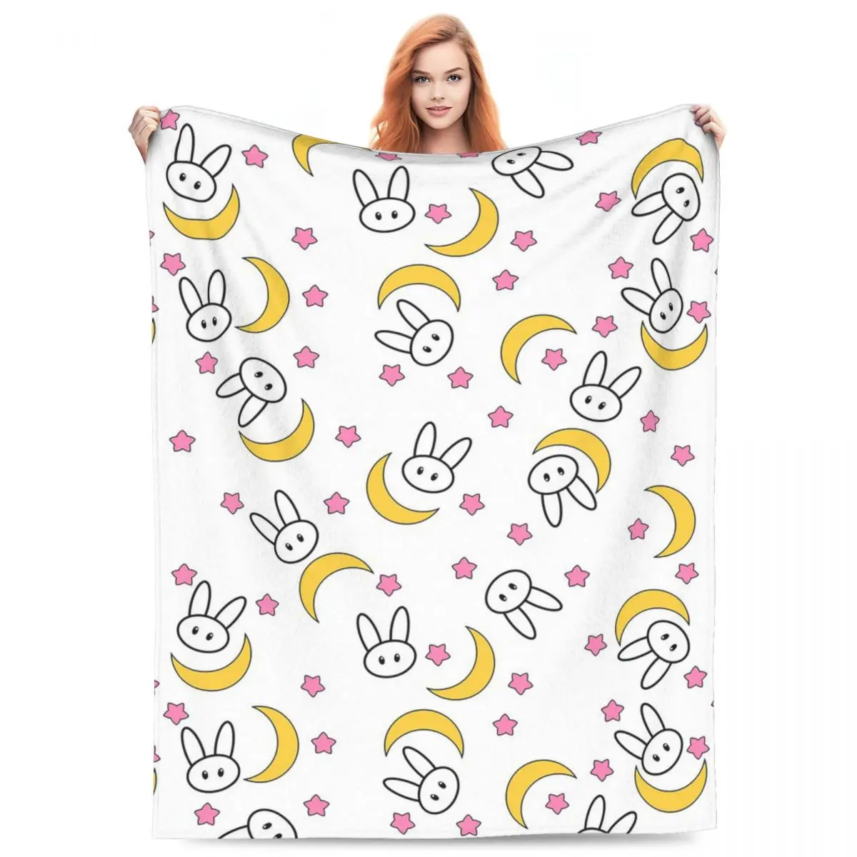 Cute Moon Bunny And Stars Blankets Flannel Throw Blanket Multi-function Throw Blankets for Bedroom Travel Throws Bedspread Quilt