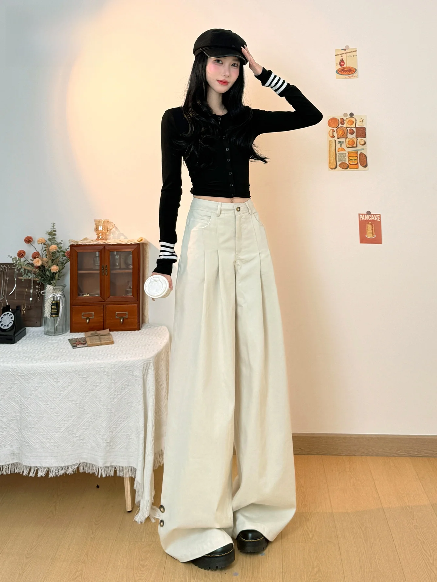 

Джинсы с высокой талией в американском стиле, широкие, свободного кроя, летние, прямые, удлиненные, для женщин, в стиле Spicy Girl, светло-бежевые, хлопковые