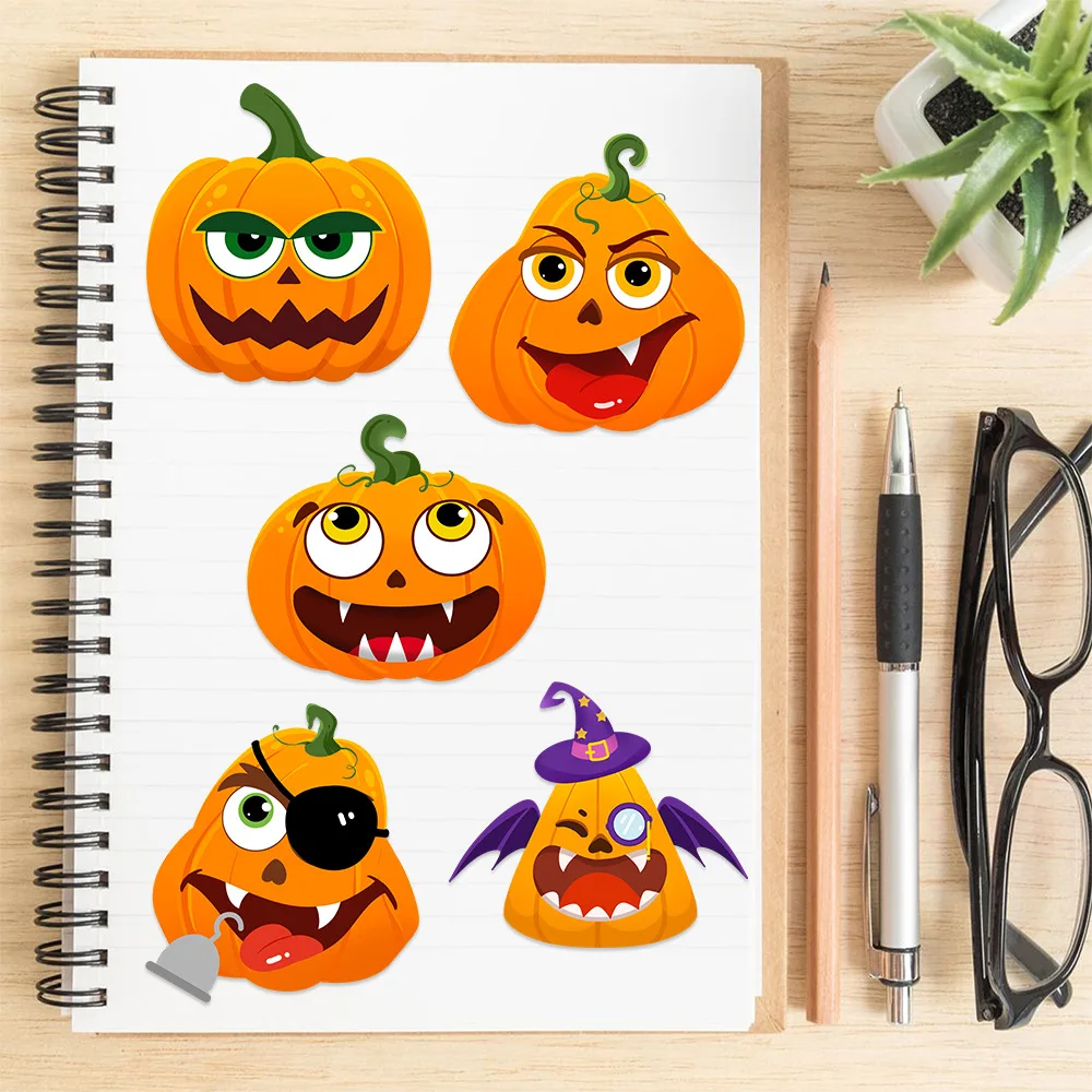 8 folhas de adesivos de abóbora de Halloween, desenhos animados, colagem fofa, decoração, brinquedos infantis, skates móveis, adesivos de PVC à prova d'água