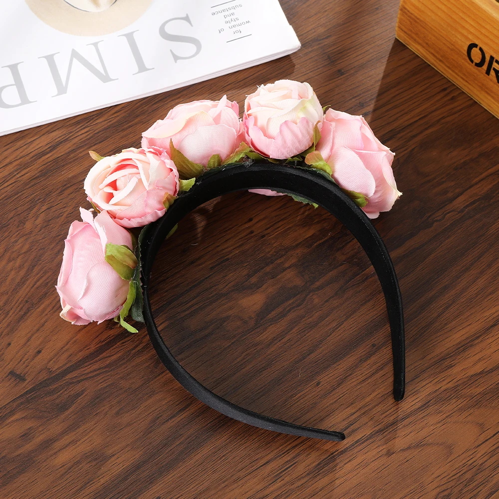 Haimeikang New Rose Diadem Flower Tiara Headband for Women Big Pink Floral Crown Wedding Garland Hair Flowers Bride Headwear