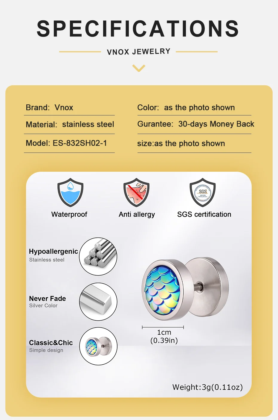 Vnox Regenbogen-Meerjungfrau-Fischschuppen-Ohrstecker, Edelstahl, antiallergisch, 10 mm, runde Ohrringe für Männer und Frauen, Piercing-Schmuck – Detail 4