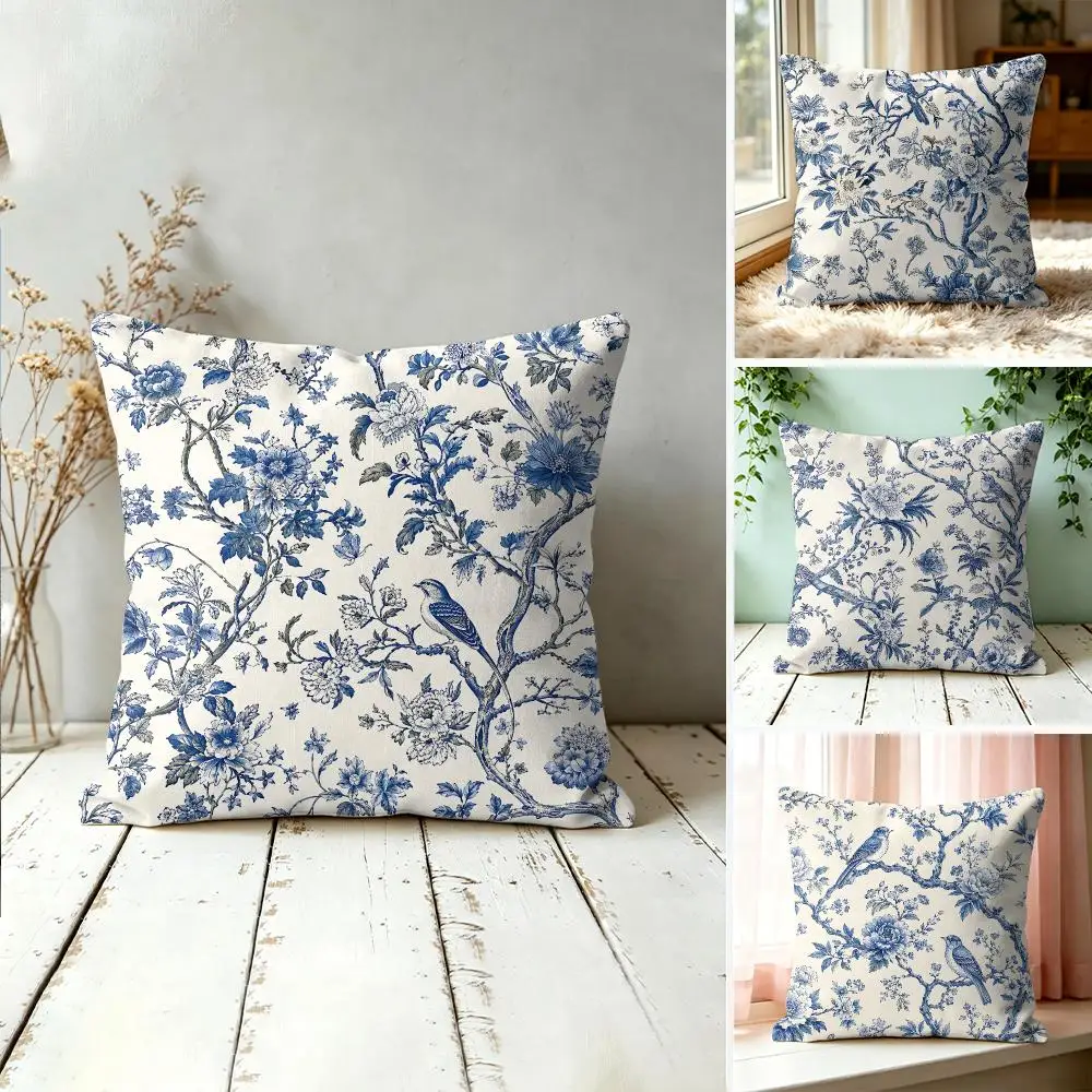 Retro Blue Floral Bird Printed Cushion Cover Square Decorative Throw Pillow 40x40cm For Sofa Bedroom Living Room Home Decor