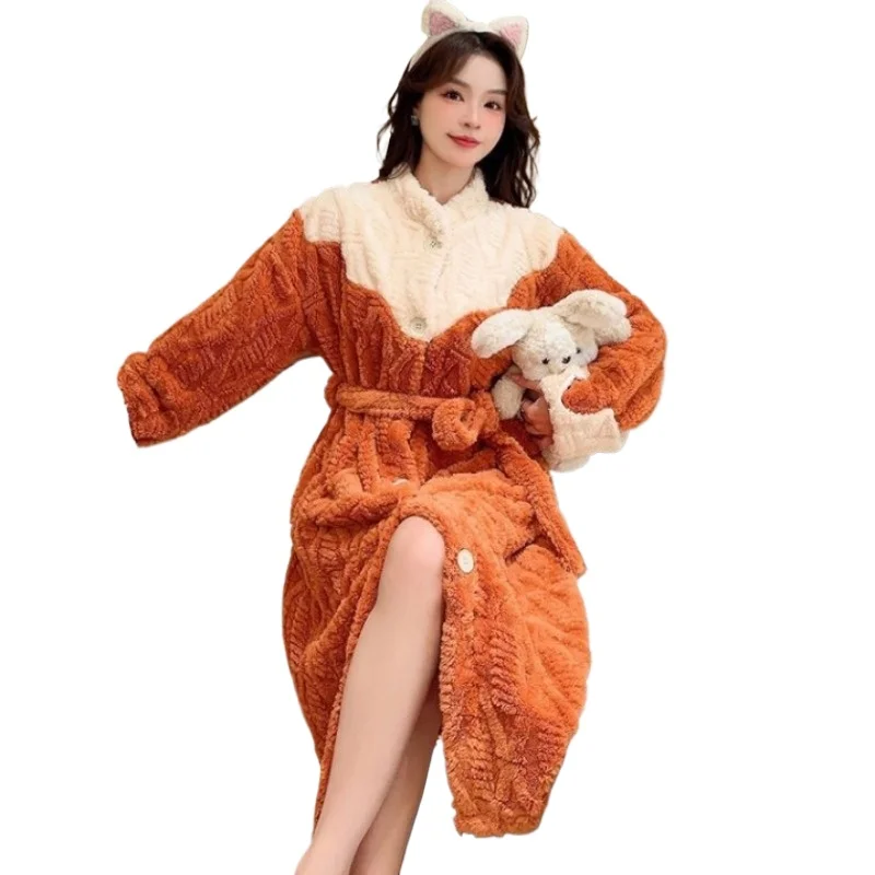 

High Appearance Level Fall and Winter Bathrobe Coral Sweet New Warm Sexy Robe with Extra Thick Flannel Pajamas for Home Wear