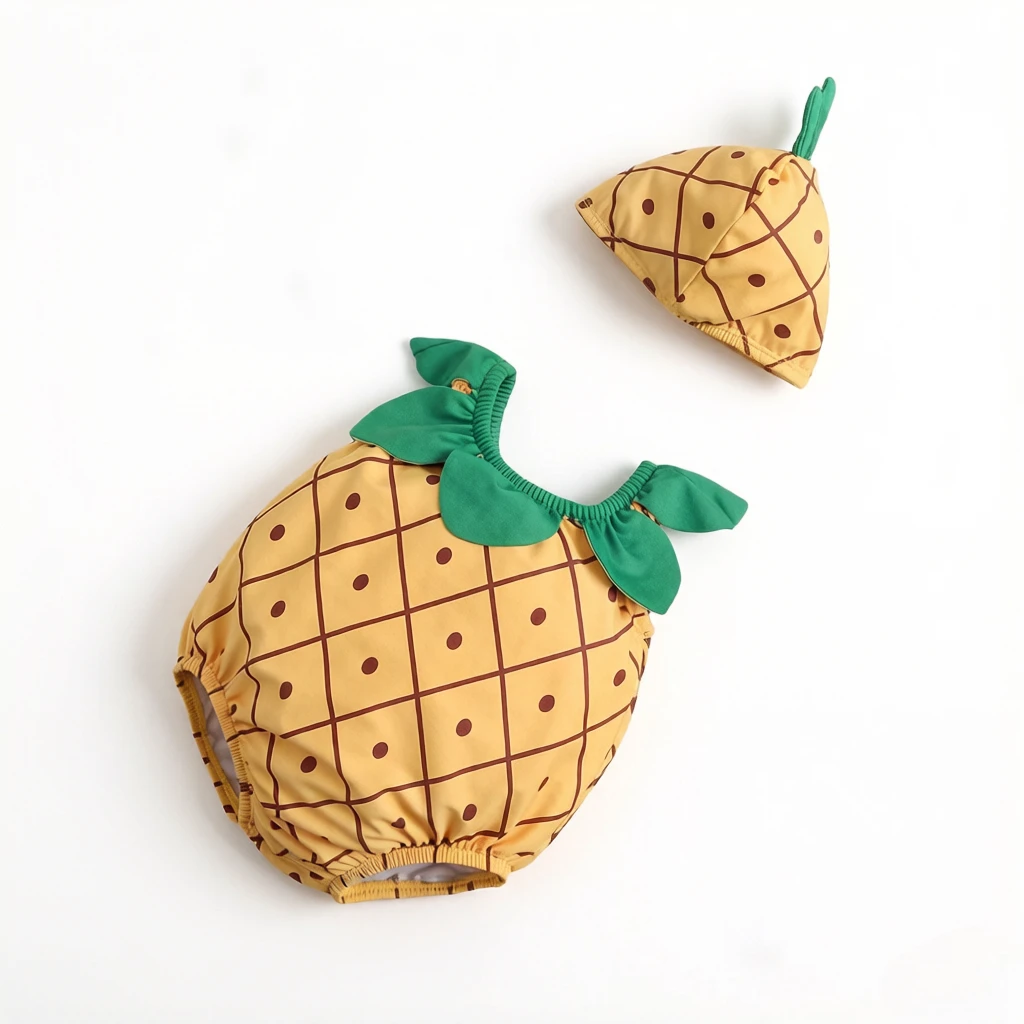 

2Pcs Pineapple Cartoon One-piece Swimsuit, sweet unisex kids swimwear, lovely clothing for summer water fun and gifting