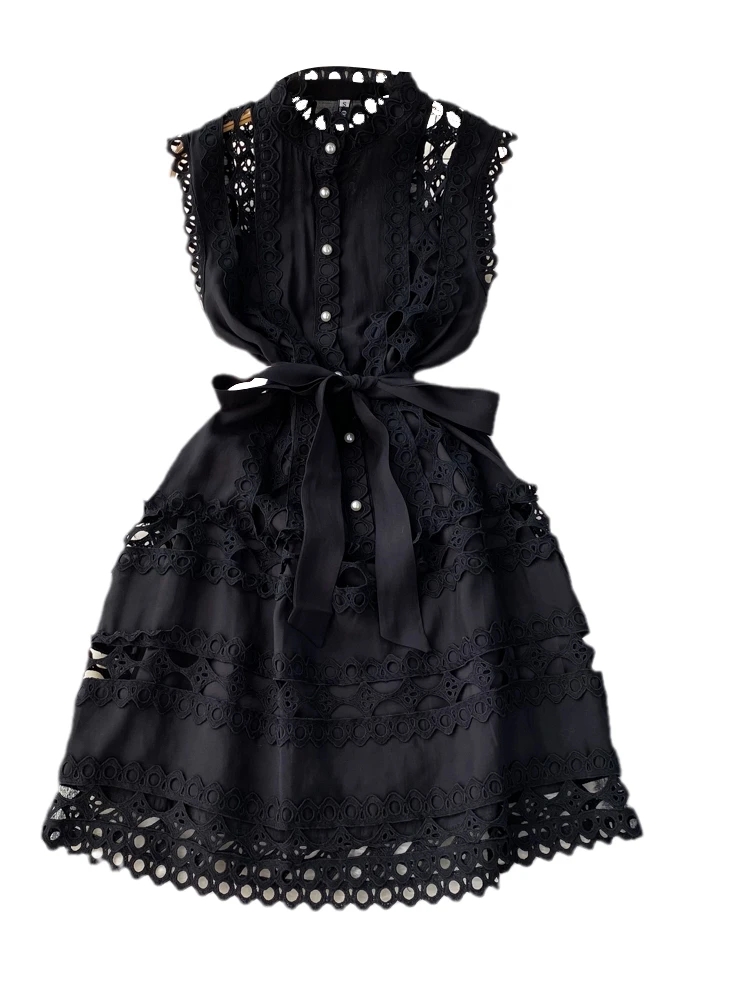 Retro Court Sle Slim Fit Svel A-Linie aushöhlen Stickerei Dr Sommer hohe Taille Stehkragen koreanische Pendeln reine C...