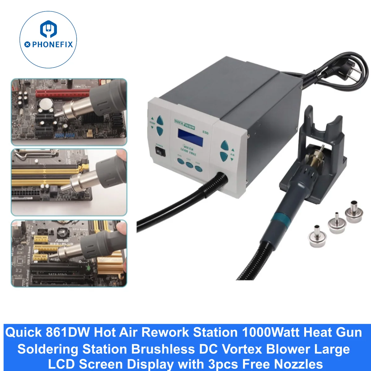 861DW Hot Air Rework Station 1000W Heat Gun Soldering Station Brushless DC Vortex Blower for PCB CPU SMT Micro Soldering Rework