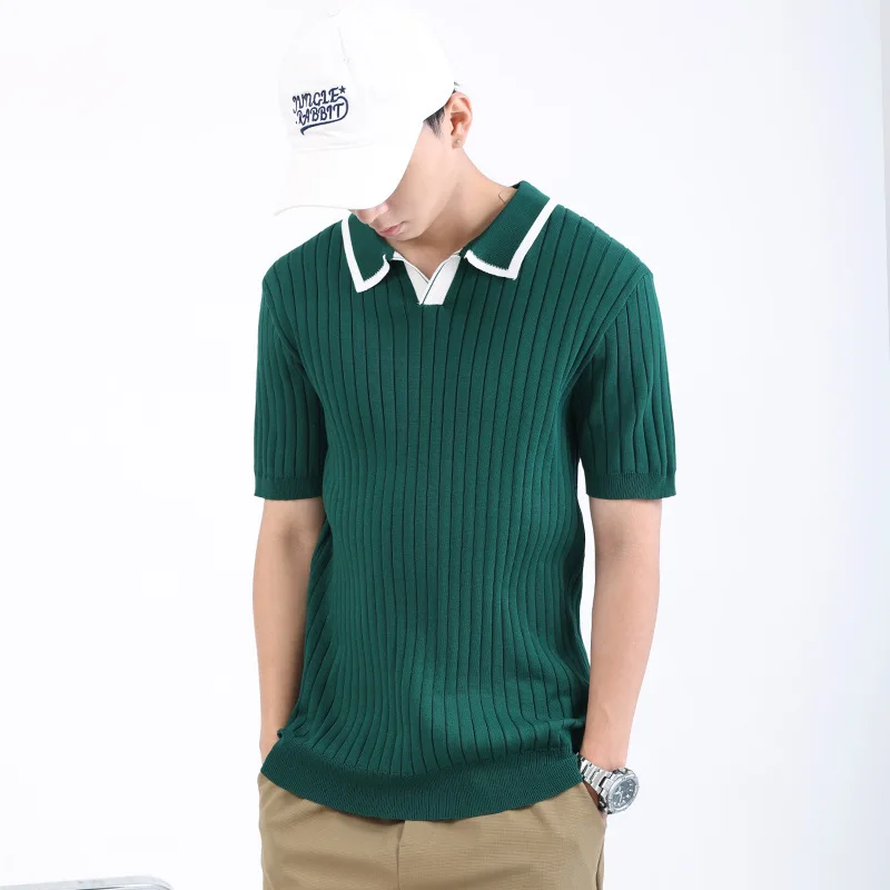 2025 الرجال الصيف موضة تنوعا الراقية قميص بولو الحرير الجليد عادية مخطط الخامس الرقبة الأعمال متماسكة قصيرة الأكمام تي شيرت #4