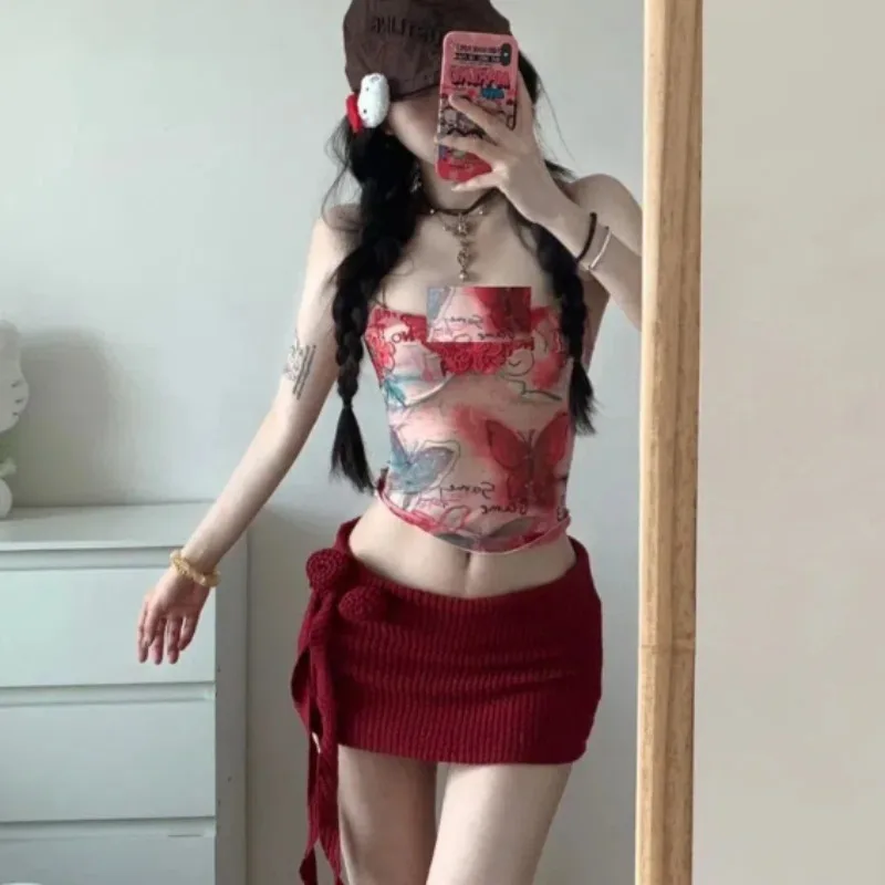 

Women Y2K Two Piece Set Butterfly Print Tube Top and Knitted Side Tie Mini Skirt Slim Fit Suit Sexy Club Summer Street Outfit
