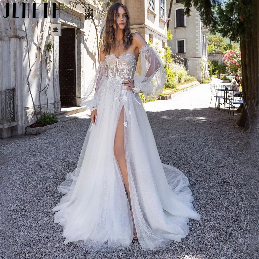 JEHETH-vestidos de novia bohemios de manga larga con hombros descubiertos, vestido de novia sencillo de tul con corte en A, escote en forma de corazón con abertura, 2024JEHETH-vestidos de novia bohemios de manga larga