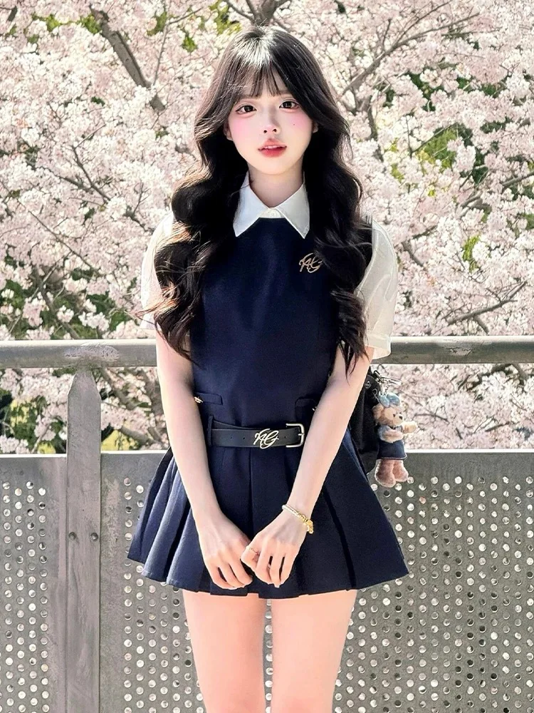 

Корейский Sle College orm Jk orm Set Women Summer Sweet And Spicy Outfit Воротник ort Sve Комплект из двух предметов