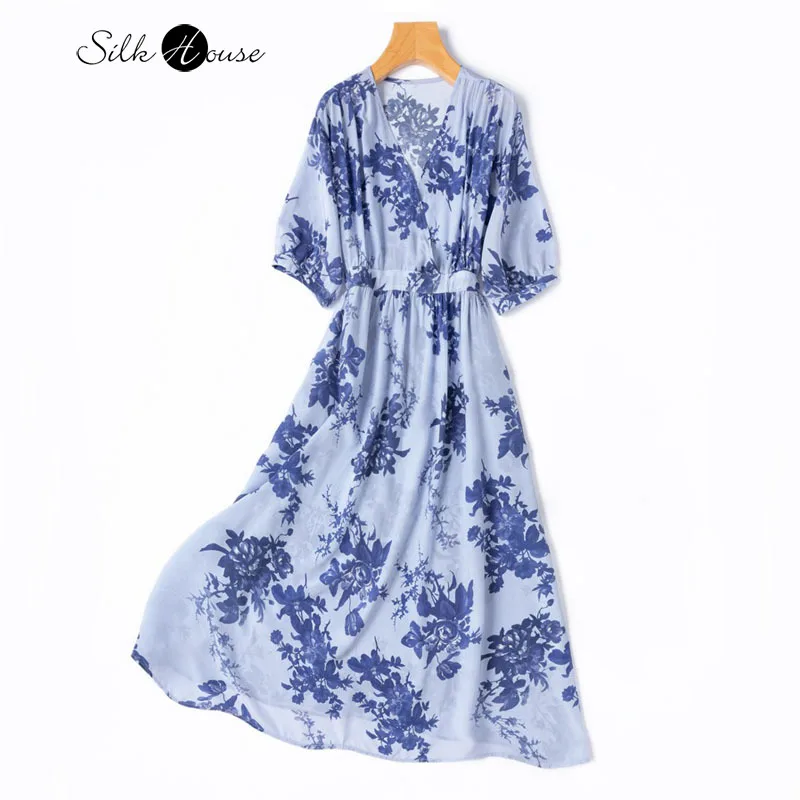 

French Elegant Blue Vacation Style 100% Natural Mulberry Silk Crepe De Chine Cross V-neck Lantern Sleeve Women's Casual Dress