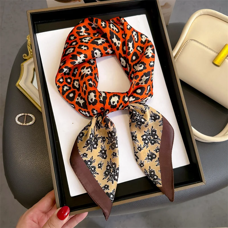Luxury Brand Leopard Print Designer Women Silk Scarf Bandana Hair Bands 70*70cm Square Scarves Satin Lady Wrap Headband