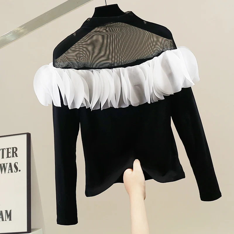 

Сексуальный облегающий вязаный топ на одно плечо с цветочным узором и вставками, женский, черный, укороченный, модный, с длинным рукавом