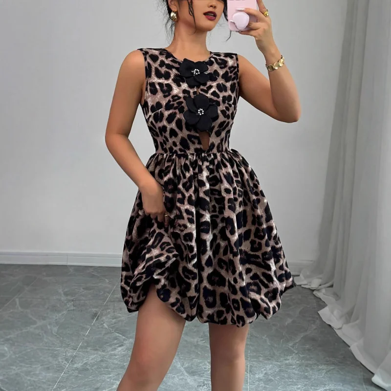 

Independent Station2025New Women's Leopard Print Three-Dimensional Flower Decorated Dress for Summer