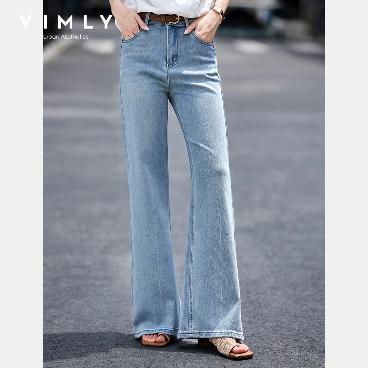

VIMLY Women's 2025 Summer Vintage Long Flared Denim Pants Light Blue Straight Skinny Button Jeans Baggy Femmes Trousers 75015