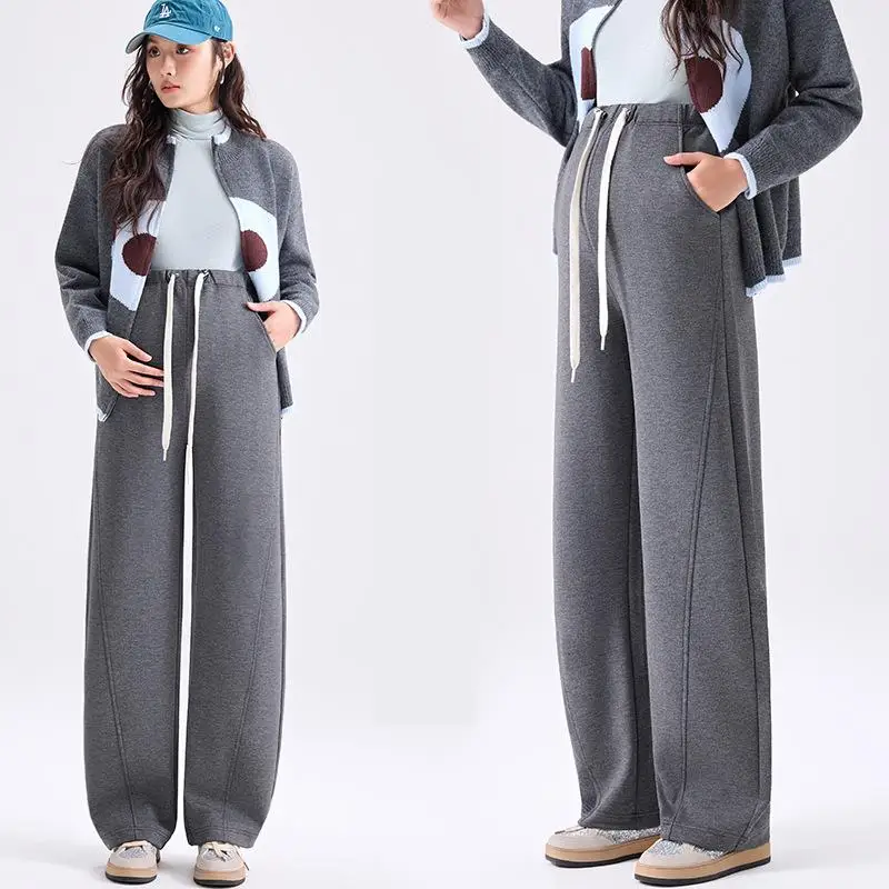 

Loose Maternity Pants Autumn Winter Fleece-lined Casual Outer-wear Pants With Drawstring Pregnant Women Warm Straight Trousers