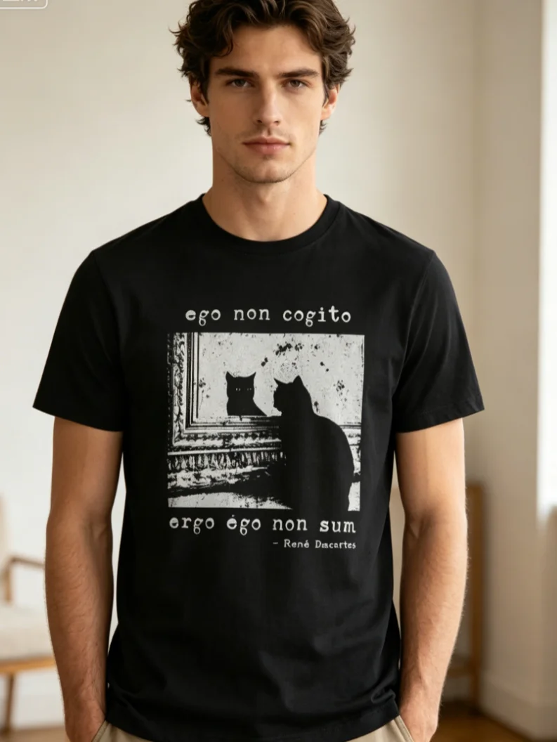DesCATes Latin Cat Quote T-Shirt  Funny Philosophy Cat Tee Casual Loose Mesh Fashion Trend Black T-shirt