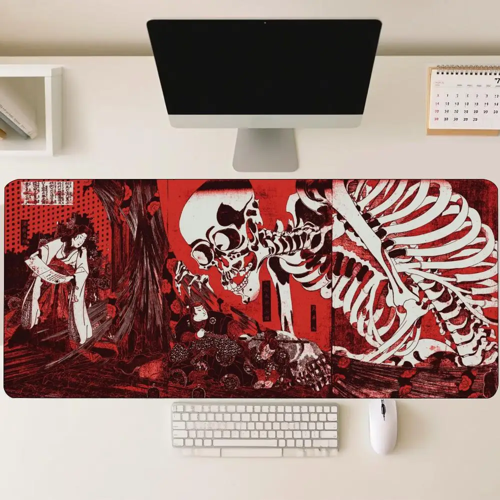 Ukiyo-e Skeleton Large Extended Mouse Pad Non-Slip Rubber Base Stitched Edges Smooth Surface For Work And Entertainment