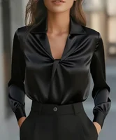 Autumn fashion temperament solid colour satin pleated long-sleeved shirt for women - Image 5