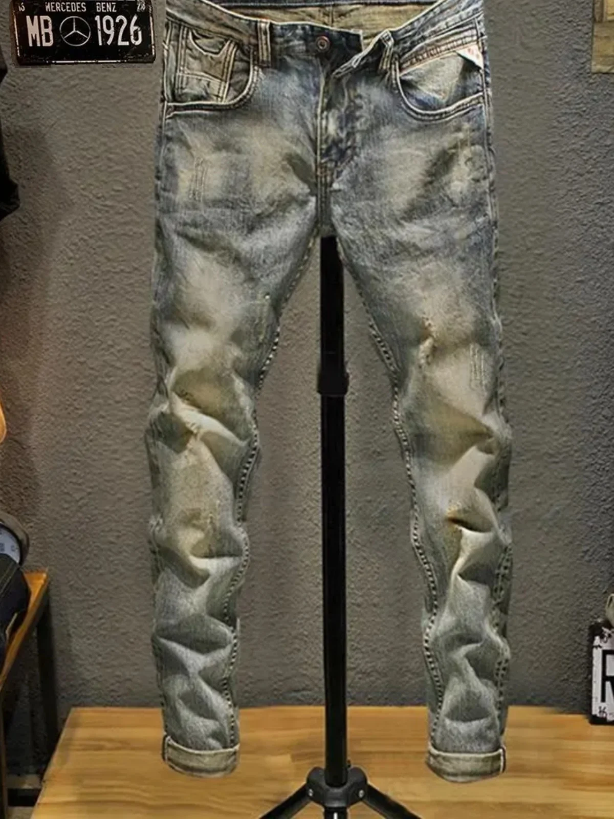 

Модные джинсы из Гонконга, высококачественные, в стиле ретро, весна-осень, мужские, зауженные, эластичные, с эффектом потертости, длинные брюки, молодежные, Vitali S...