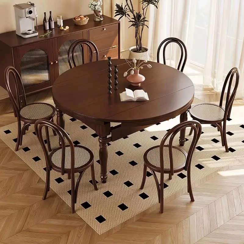 Vintage Solid Wood Extendable Dining Table Round Kitchen Table With Leaf For 6-8 People Modern Farmhouse Dinner Furniture
