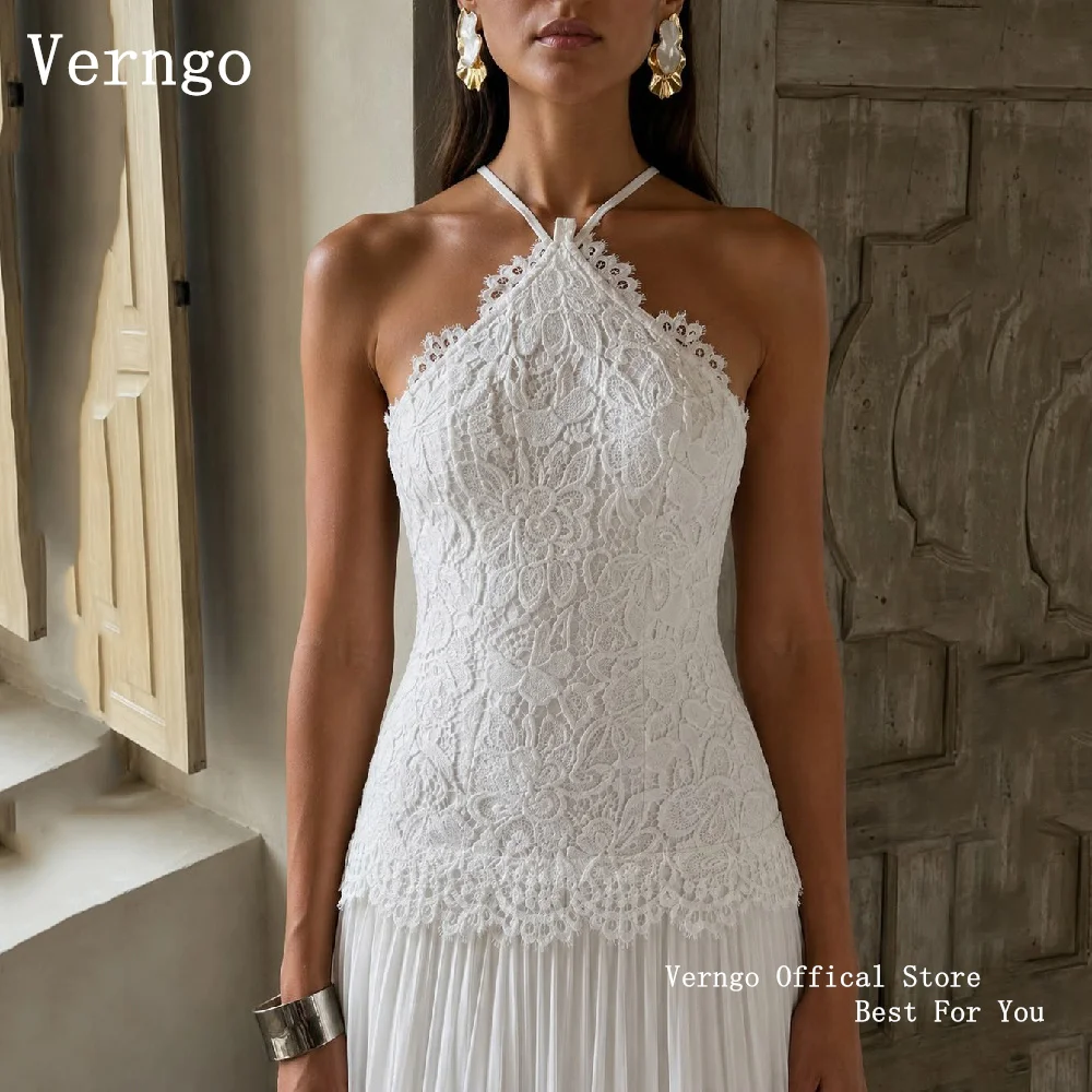Verngo lvory Exquisite Lace Tassels Wedding Dress Halter Pleated Bride Gownvestidos de noche After Party Gown 2027Customized