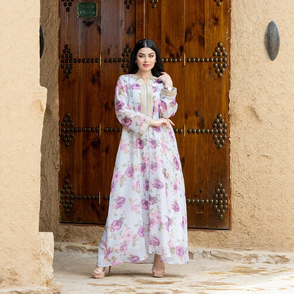 

Ky1329 Women's Elegant Printed Long Dress V-neck Patchwork Casual Daily Vacation Dress Abaya Ramadan Dubai Luxury Islam Elegant
