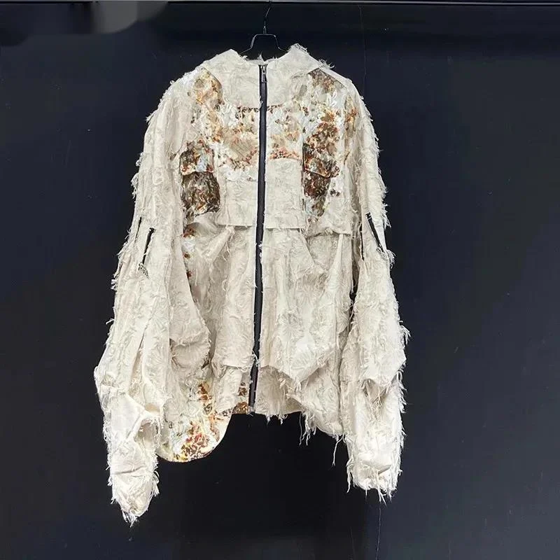 2025 New Casual Men's Hooded Jacket Shirt Long Sleeve Personality Print Decoration Zipper Tops Fashion Menswear CFDR56