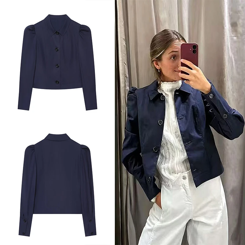 Guobioziy 2026 Spring and Autumn Women's Short Jacket with Classic Turn-down Collar Puff Sleeves Buttons and Simple Office Coat