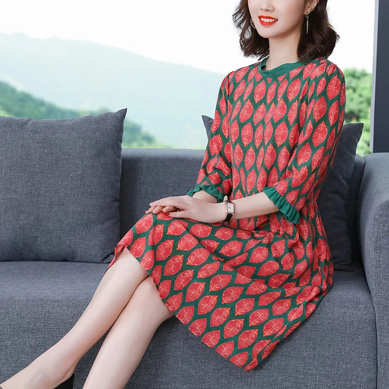 2023 New Vintage Silk Printed Dress For Women's Summer Fashion Versatile Round Neck Loose Fit Leisure Vacation Vestidos2023 New