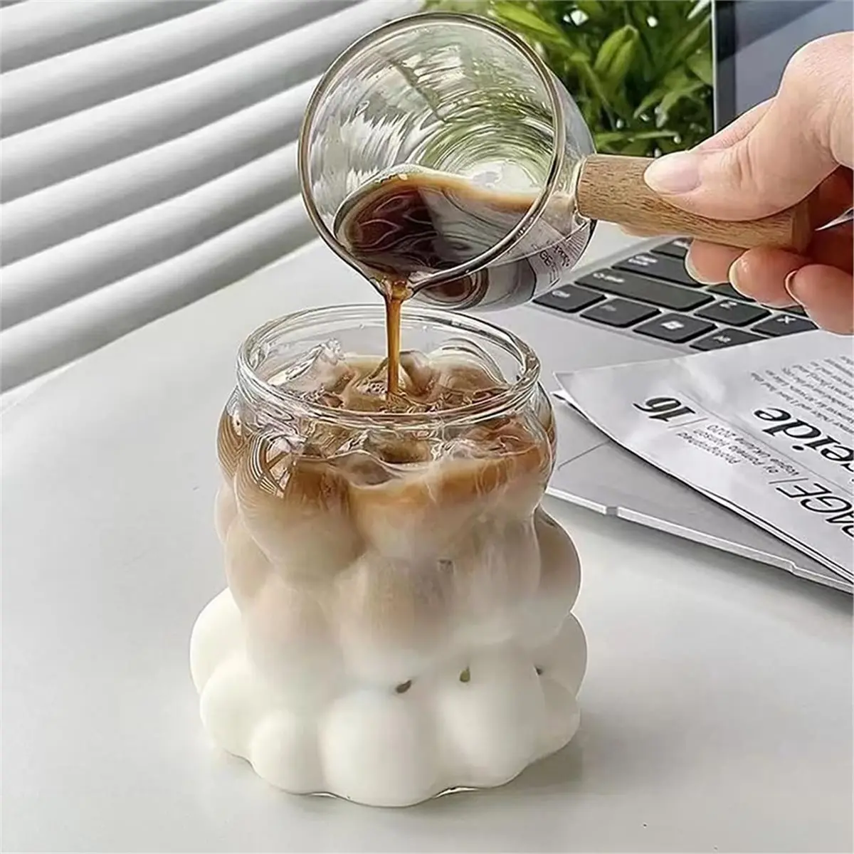 AA14 2 Pcs Grape Shape Glass Cups with Bamboo Lids and Straws, 12 Oz Drinking Glasses Set, Coffee Cups for Water, Tea, Juice