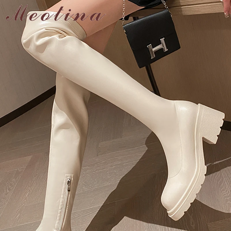 

Meotina Women Over-the-Knee Long Boots Round Toe Platform Thick High Heels Zipper Gogo Boot Ladies Fashion Shoes Winter White 42