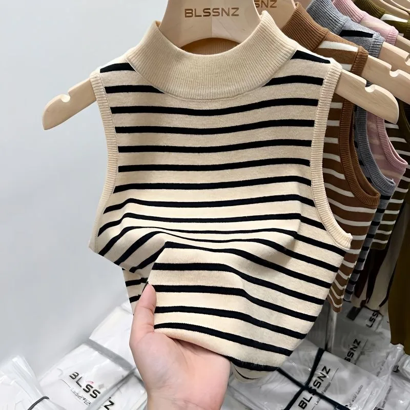 

Women Knit Vest Slim Korean Fashion Summer Spring Camisole Top Casual Striped Sleeveless Female Outer Wear Clothing