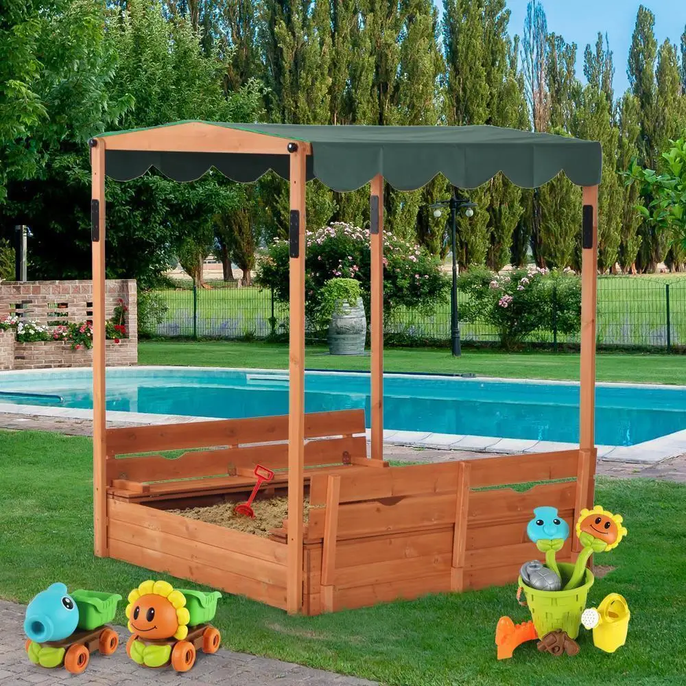 Wooden Kids Sandbox with Cover Children Outdoor Sand Play Station Foldable Bench outdoor  widesea