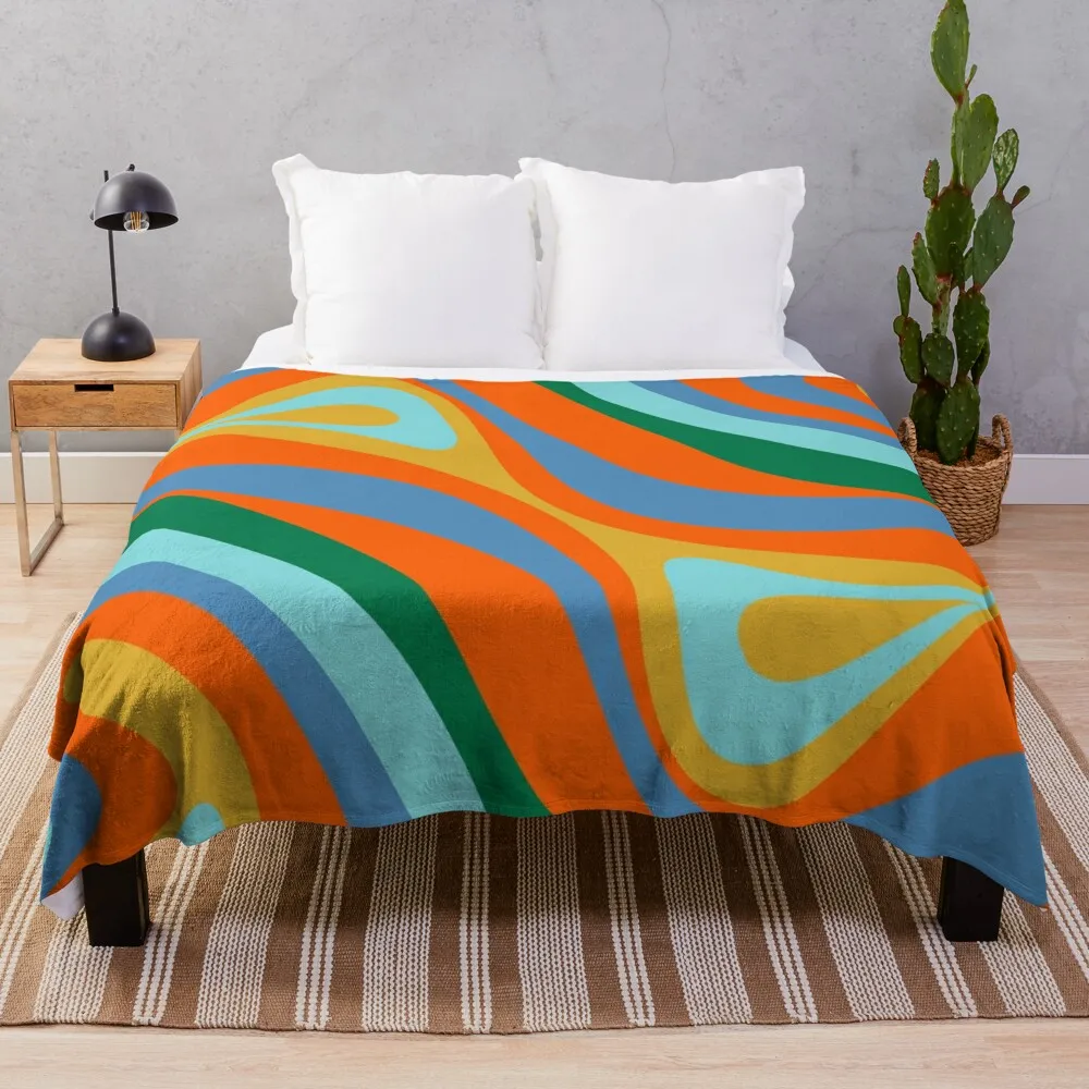 New Groove Colourful Retro Swirl Abstract Pattern Blue Orange Mustard Green Throw Blanket Soft Big Blankets