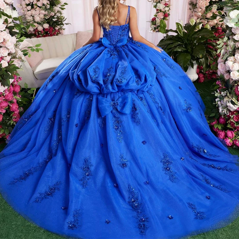 Royal Blue Shiny Quinceanera Dresses Off Shoulder Vestidos De 15 Años Applique Lace Beads Bow Tull Formal Birthday Party Sweet