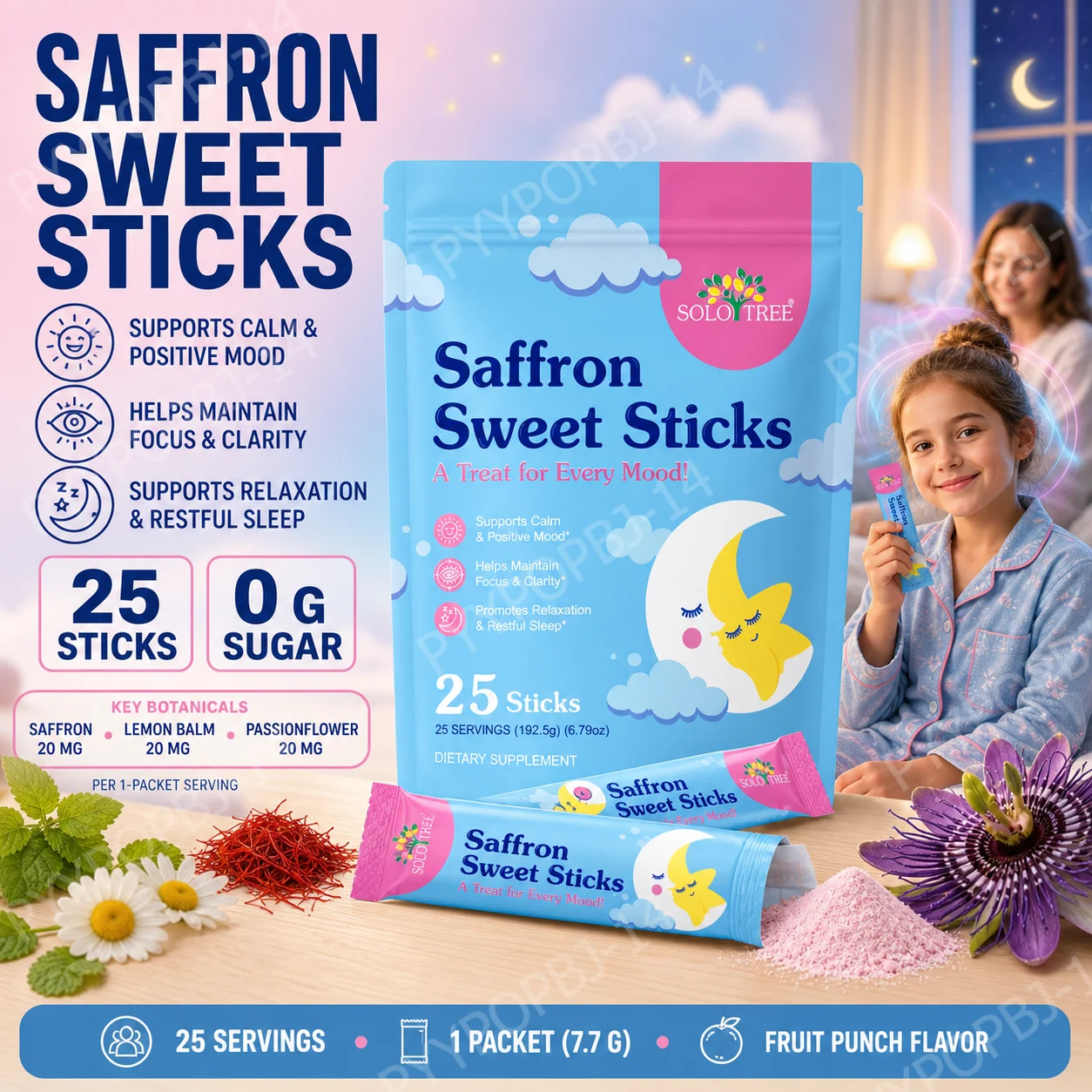 SOLOTREE Saffron Sweet Sticks Powder Sticks for Kids Helps Maintain Focus & Clarity Supports Calm & Positive Mood 25 Sticks