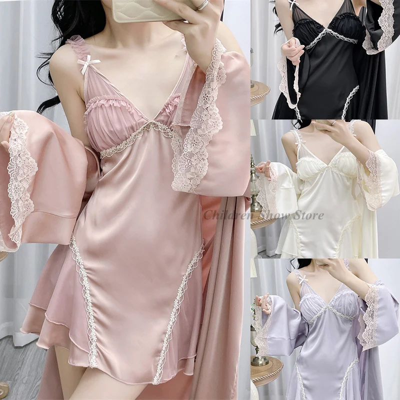 Luxury Princess Style Nightgown Bathrobe Set Female Spring Summer Homewear Sexy Lace Trim Robe Suit Satin Nightwear Loungewear