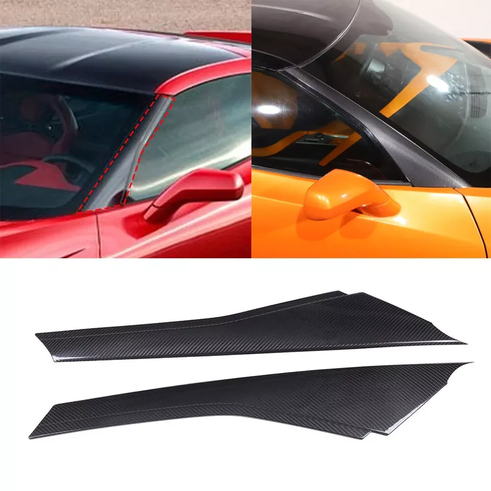 Real Carbon Fiber Car Front A-pillar Panel Cover Trim For Chevrolet C7 Corvette 2014-2019