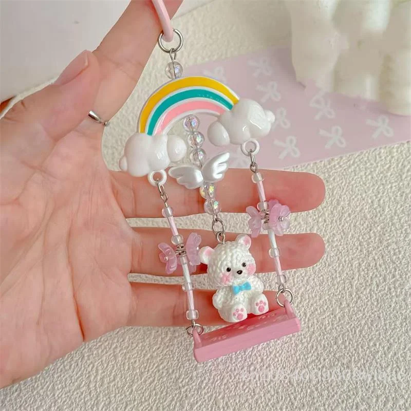 💐 | قوس قزح سوينغ الدب المفاتيح، لطيف دمية دب مطرز الزهور حقيبة سحر، Kawaii هدية حزام الهاتف الحبل للنساء الفتيات #4