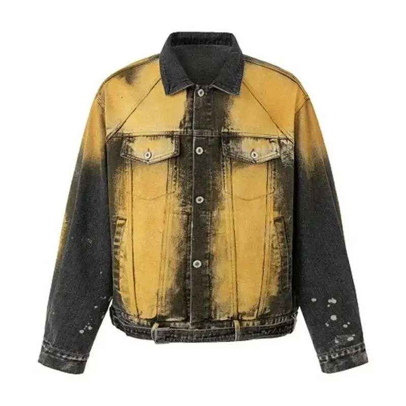 Lapel Ink Wash Gradient Distressed Men's Denim Jacket Niche American Style Vintage Autumn New Casual Outer Coats GB6F5