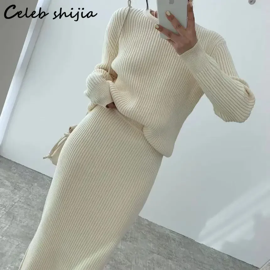 Winter Knit 2 Piece Sets Women O-neck Sweater + High Waist Skirts Autumn Oversized Vintage Runway Woolen Set Female Korean