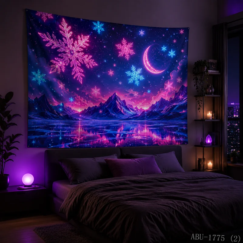 VIKAMA Neon Purple Blue Snowflake Tornado Reindeer Herd Lightning Tree Snowy Mountain Star Christmas Tapestry Wall Hanging Soft