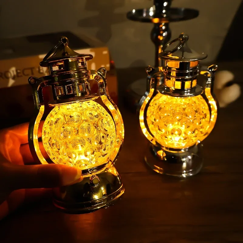 Vintage LED Night Lights Simulation Flame Honeycomb Shape Desk Decoration Wind Lantern Plastic Christmas Halloween Kerosene Lamp