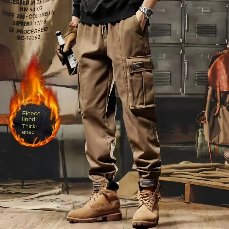 Invisible open crotch pants men\'s winter cargo pants plush thickened and versatile loose leggings outing dating essential