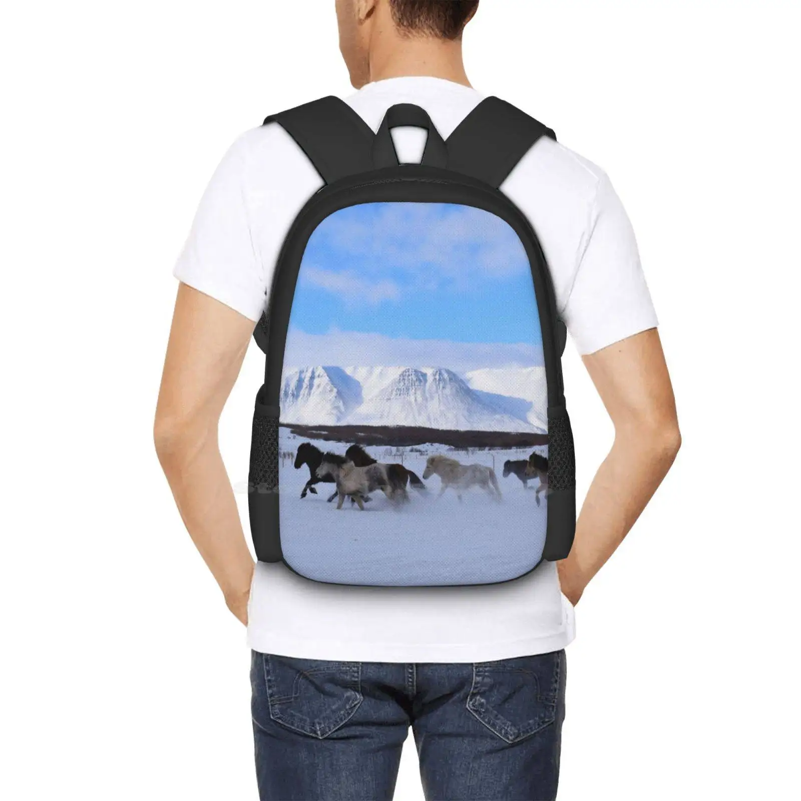 Icelandic Horses Running In The Snow Teen College Student Backpack Pattern Design Bags Snow Winter Cold Icelandic Horses Gallop